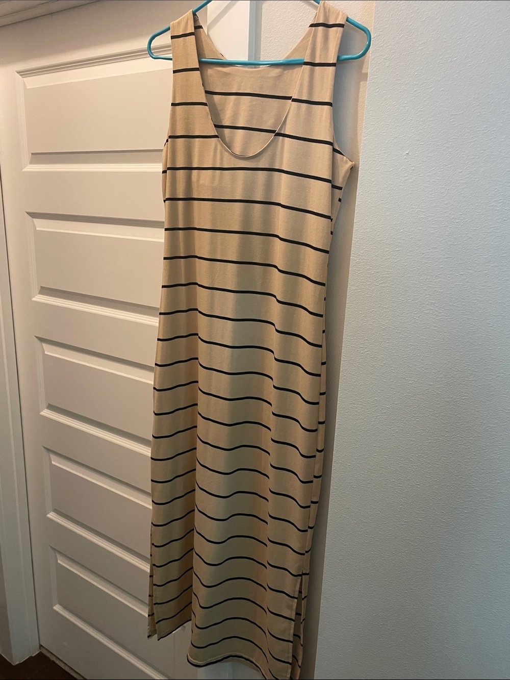 Beige and Black Striped Sleeveless Maxi Dress